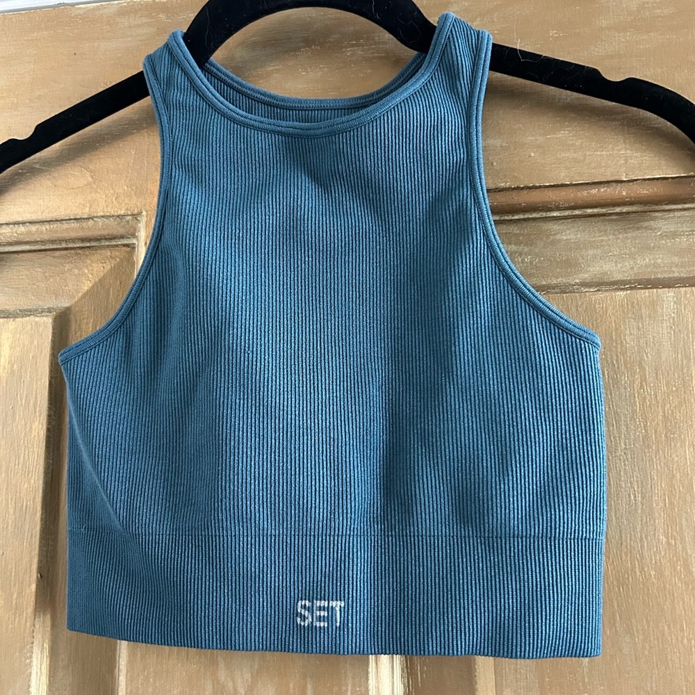 SET Active Ribbed High Neck Sports Bra Teal Blue